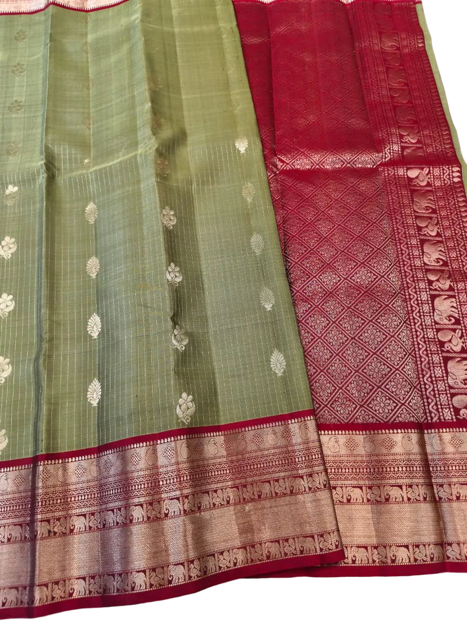 Granite Green Kanjivaram Saree with Maroon Pallu and Border
