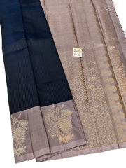 Black Striped Soft Silk Saree with Grey Pallu