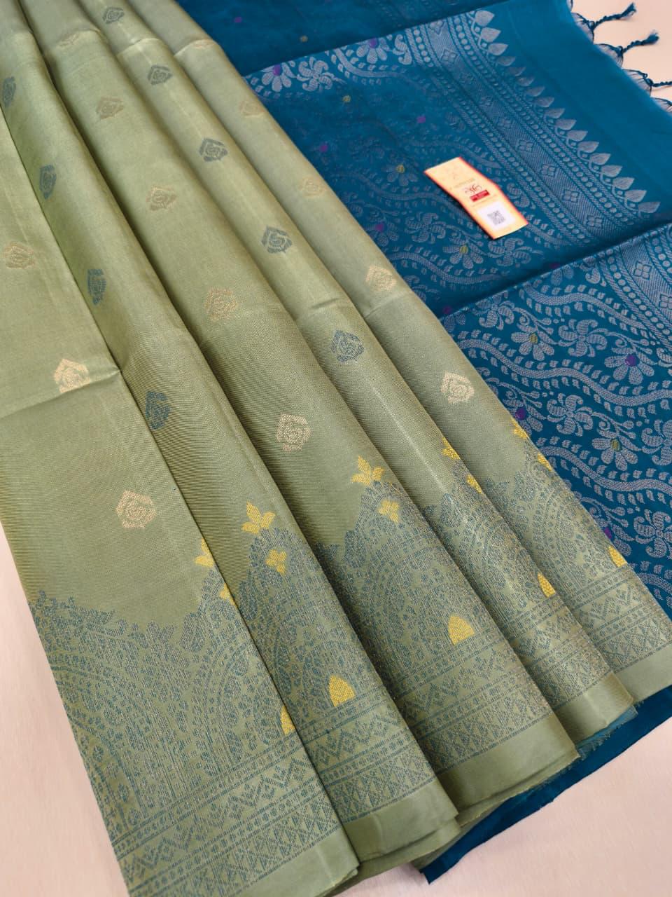 Lemon Grass Color Soft Silk Saree with Venice Blue Pallu