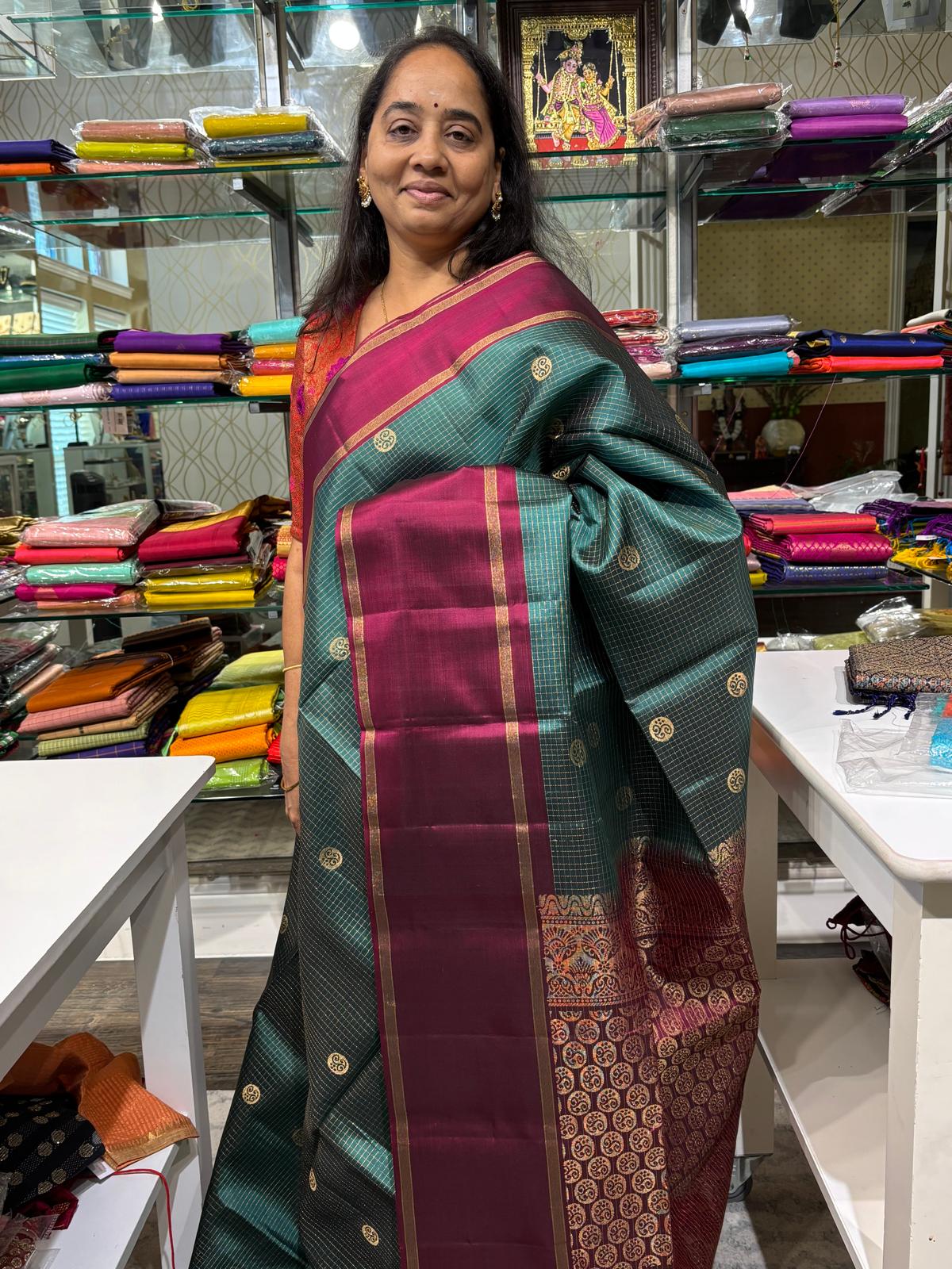 Dark Teal Soft Silk Saree With Maroon Pallu