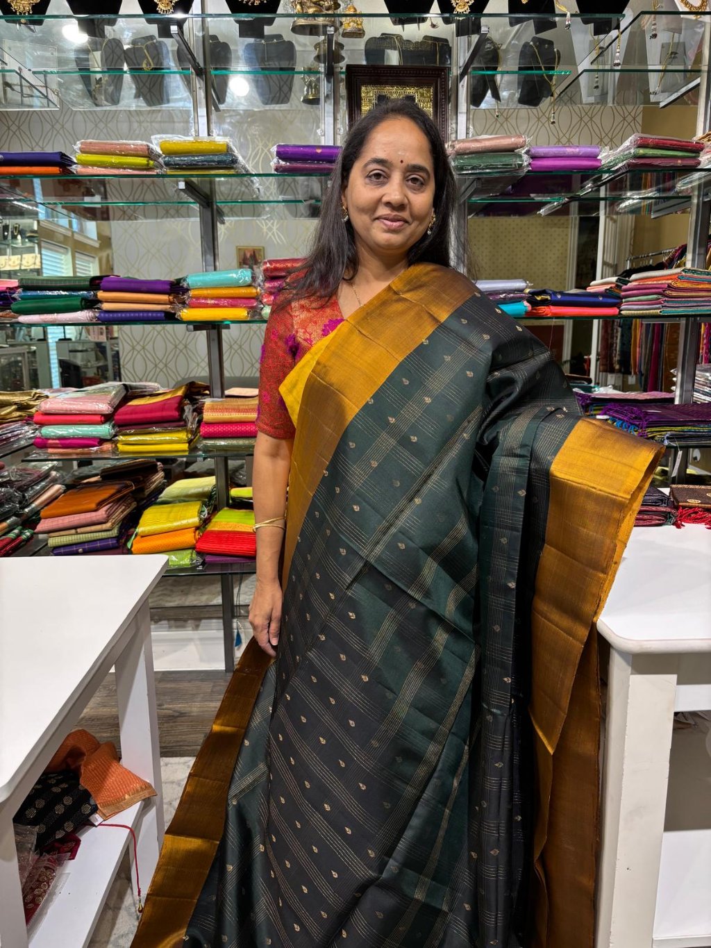 Mineral Green Soft Silk Silk Saree With Ochre and Gold Zari Border