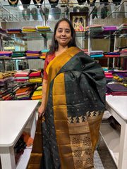 Mineral Green Soft Silk Silk Saree With Ochre and Gold Zari Border