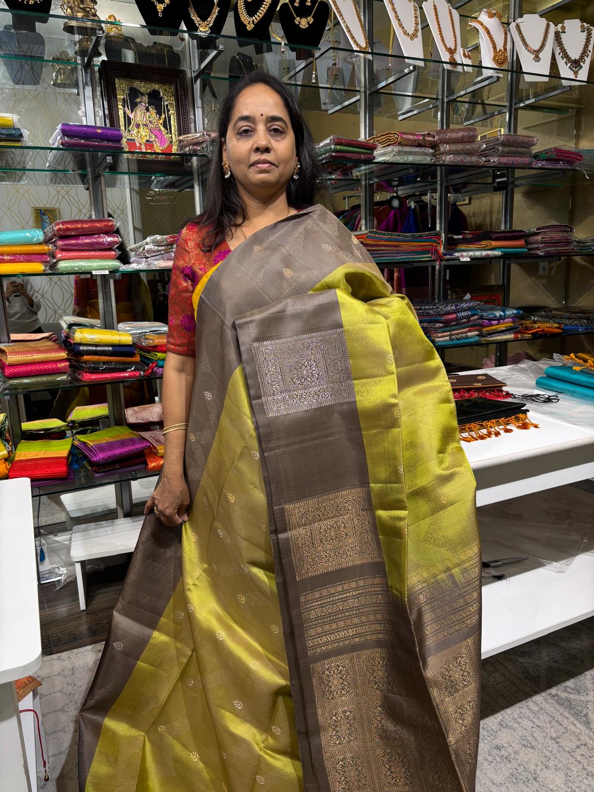 Light Olive green with Smokey grey Soft Silk Saree