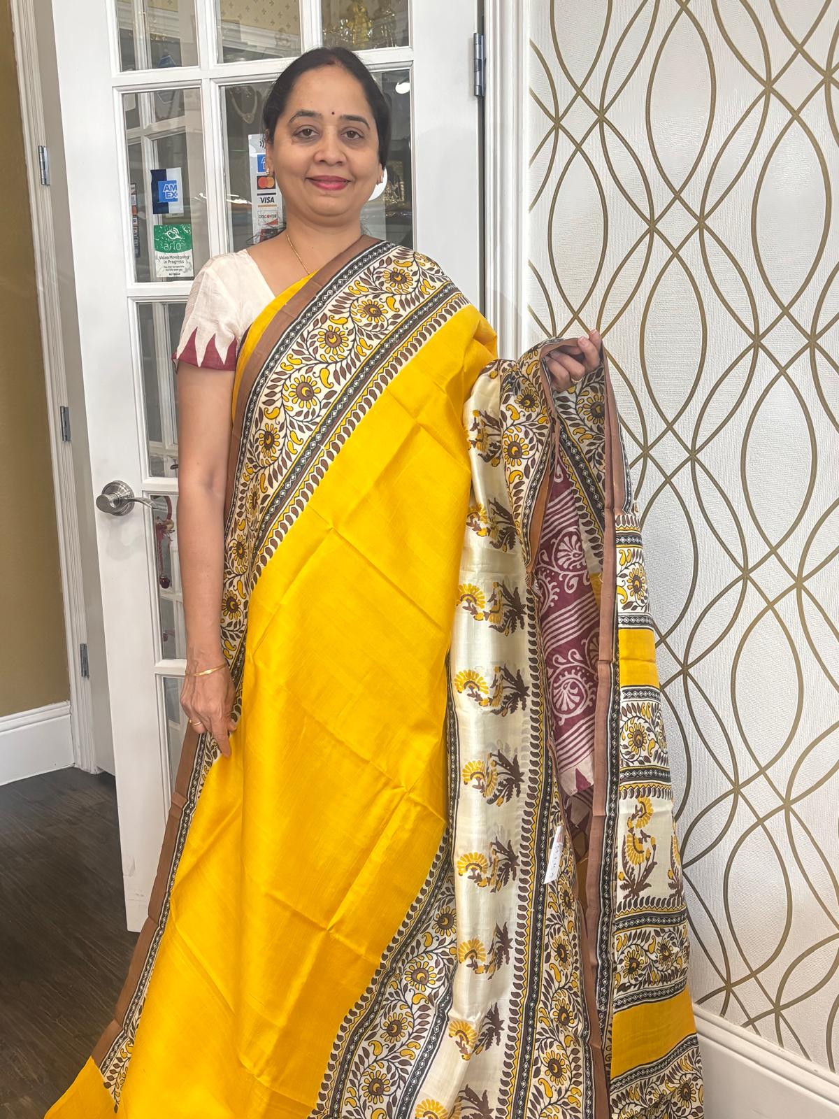 Mustard Yellow Bengal Silk Saree With Floral Pattern Border and Pallu