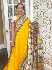 Mustard Yellow Bengal Silk Saree With Floral Pattern Border and Pallu