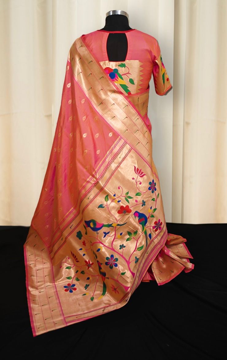 Warm Pink Paithani Saree with Gold Zari Floral Pallu with Blouse