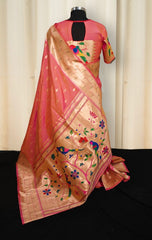 Warm Pink Paithani Saree with Gold Zari Floral Pallu with Blouse