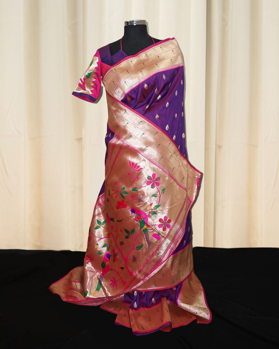 Dark Magenta Paithani Saree with Gold Zari Floral Pallu & stitched blouse