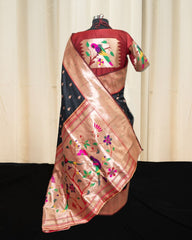 Black Paithani Silk Saree with Gold Zari Floral Pallu & readymade blouse