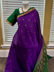 Egg plant Violet Kanjivaram Saree with Dark Green Border| SILK MARK CERTIFIED
