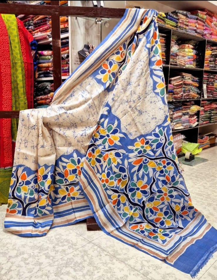 White Bengal Silk Saree With Dusky Blue Pallu and Floral Pattern