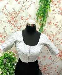 White Saree Blouse with Chikankari Embroidery