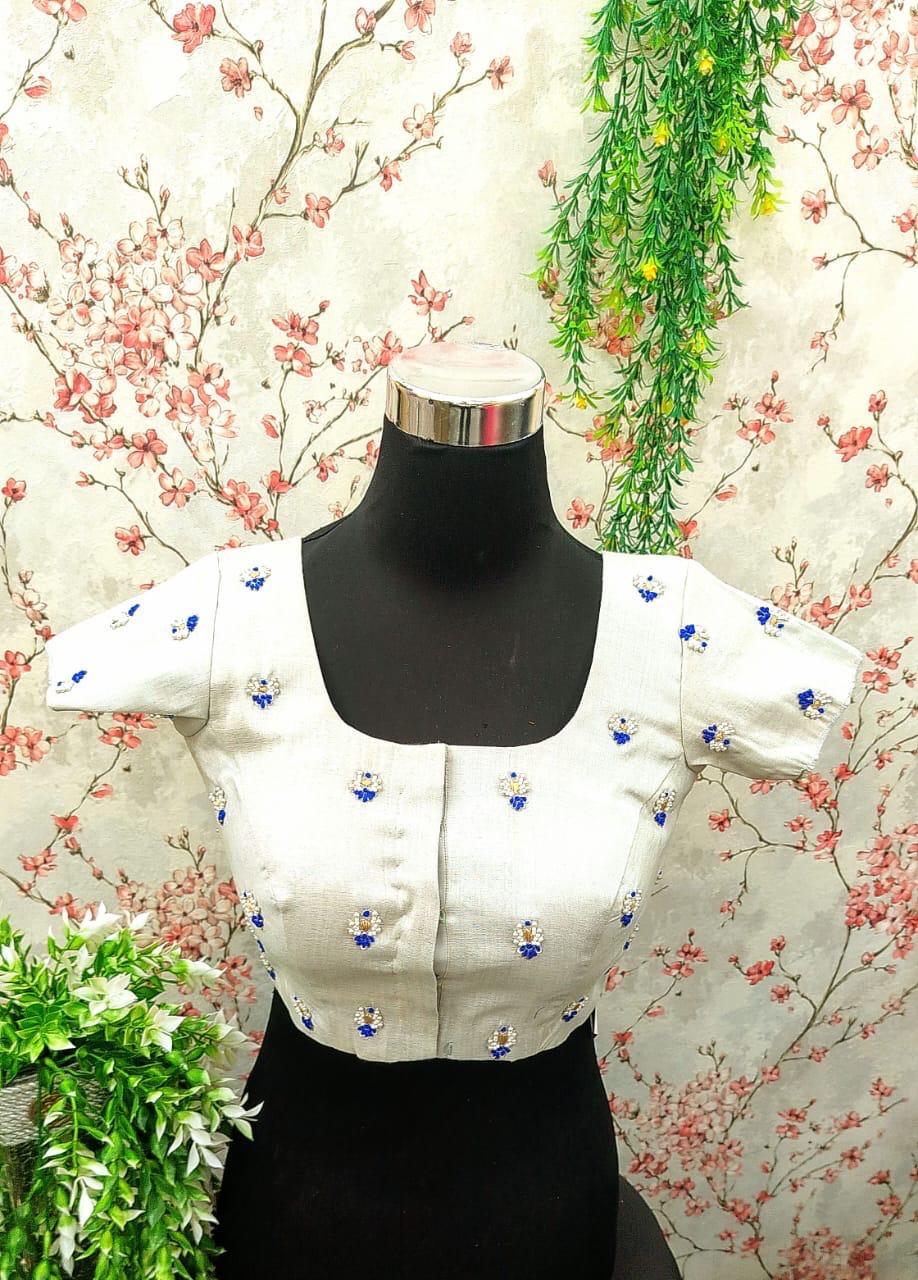 White Saree Blouse with White and Blue Pearl Embroidery
