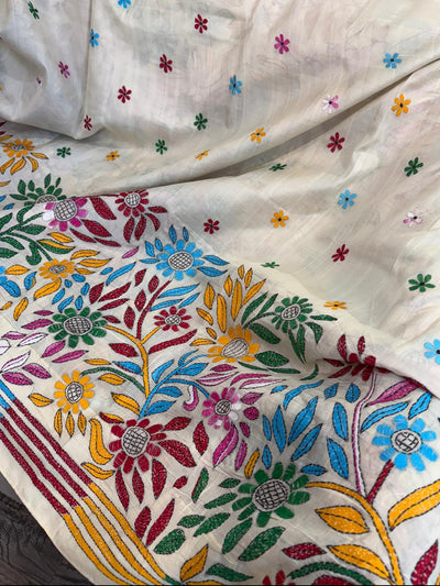 White Tussar Silk Saree with Bright Floral Design