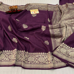 Wine Banarasi Silk Saree with Floral Motif
