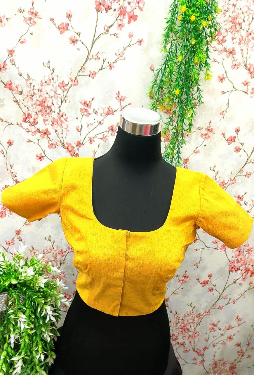 Yellow Saree Blouse with U Neck