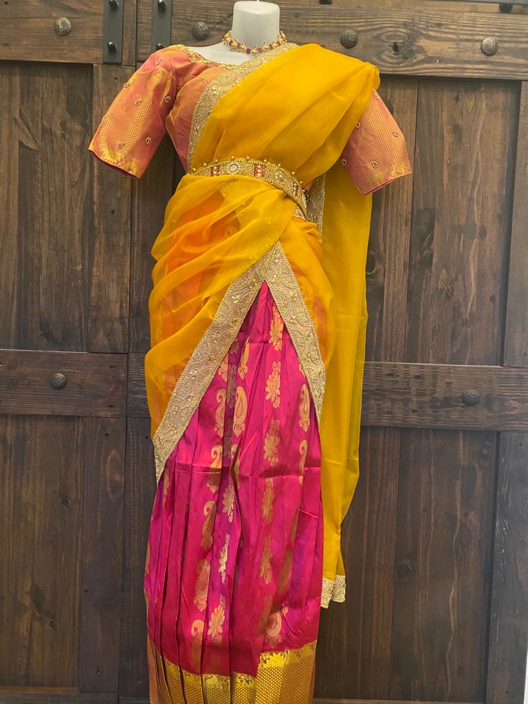 Yellow and Pink Pure Silk half Saree