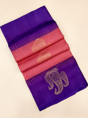 salmon pink and purple Soft Silk Saree with gold zari motifs