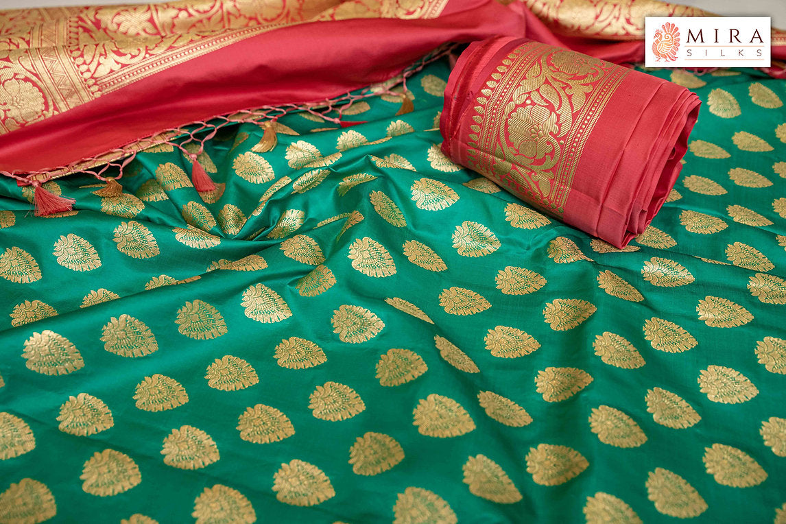 Basil green with coral pink banaras silk sari