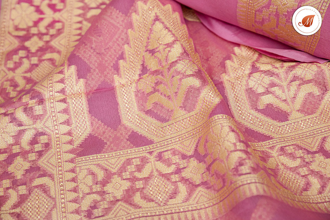 Carnation pink banaras georgette silk saree