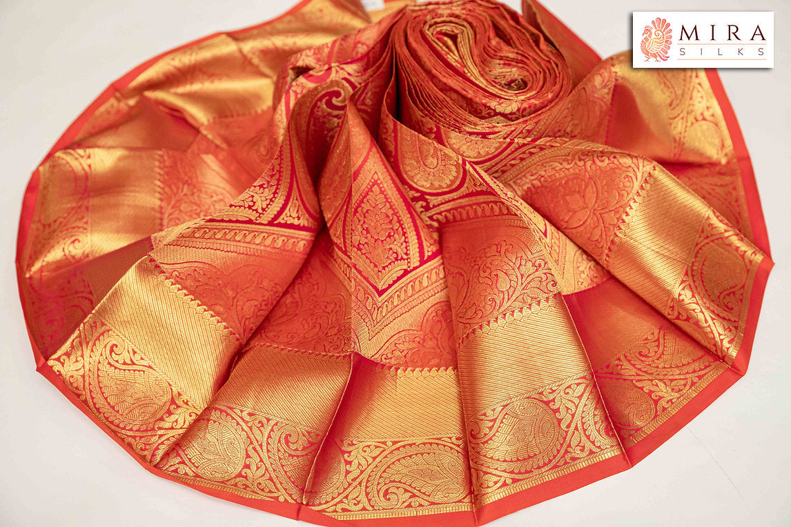 Orange Red Kanjivaram Silk Sari with Ari work Blouse