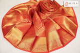 Orange Red Kanjivaram Silk Sari with Ari work Blouse - MIRASILKS Orange Red Kanjivaram Silk Sari with Ari work Blouse 