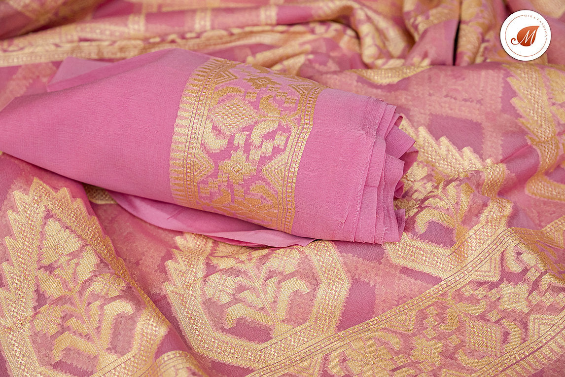 Carnation pink banaras georgette silk saree