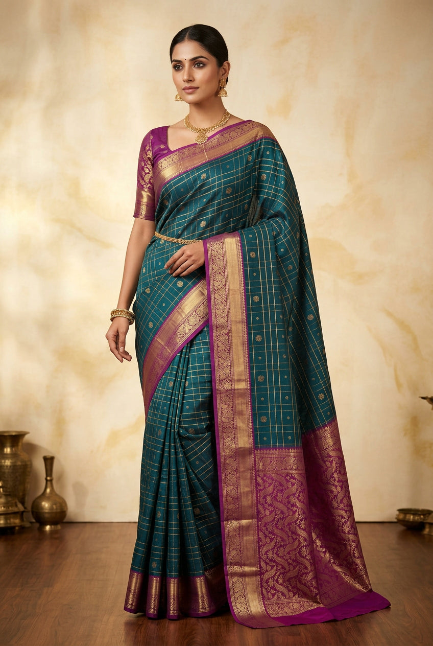 Peacock Green Kanjivaram Saree with magenta Border