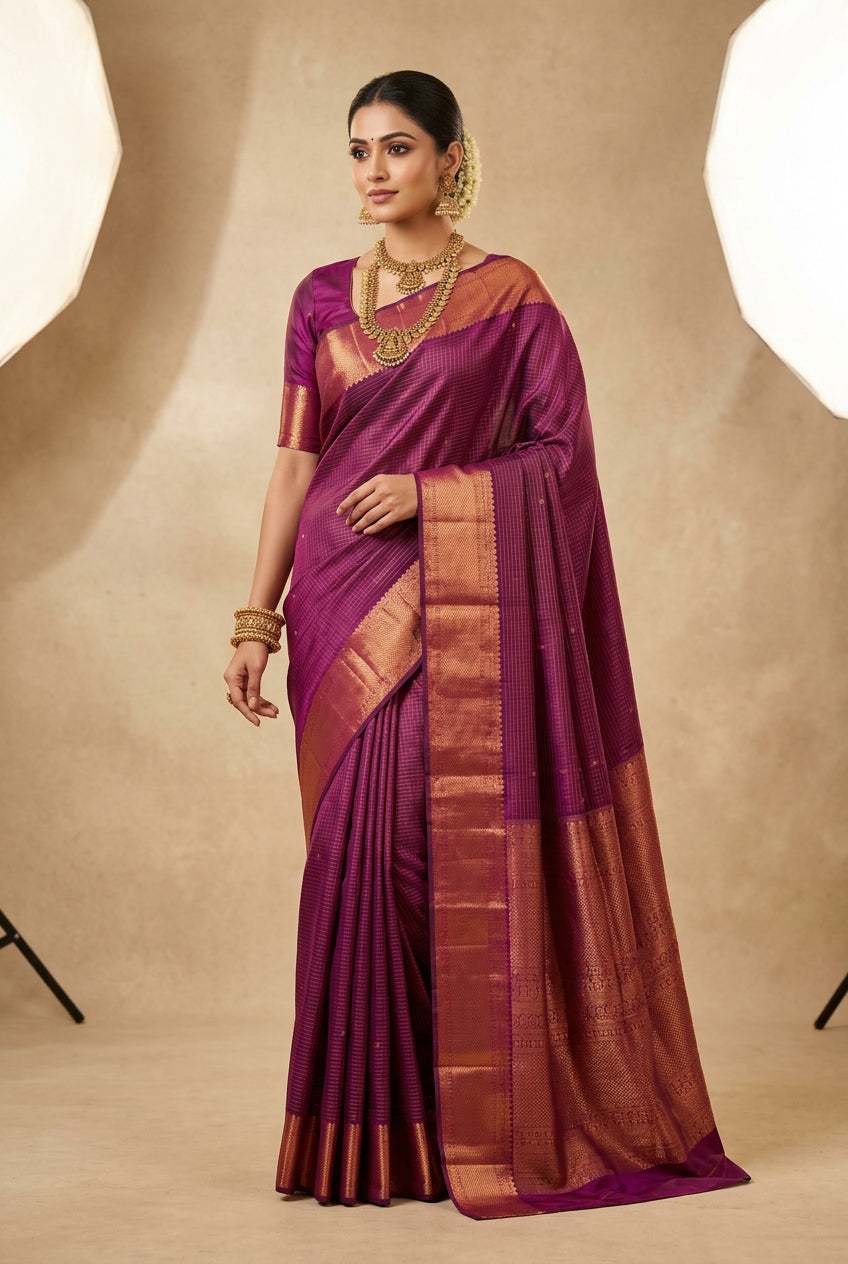 Deep Wine Purple  Kanjivaram Saree with Copper Zari