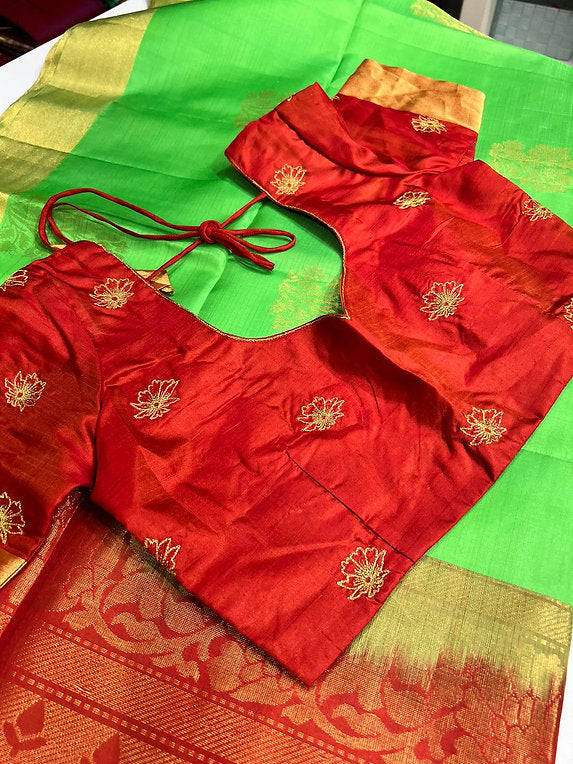 Parrot Green and red soft silk saree with blouse