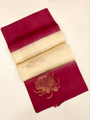 Beige Soft Silk Saree with red border and gold zari motifs
