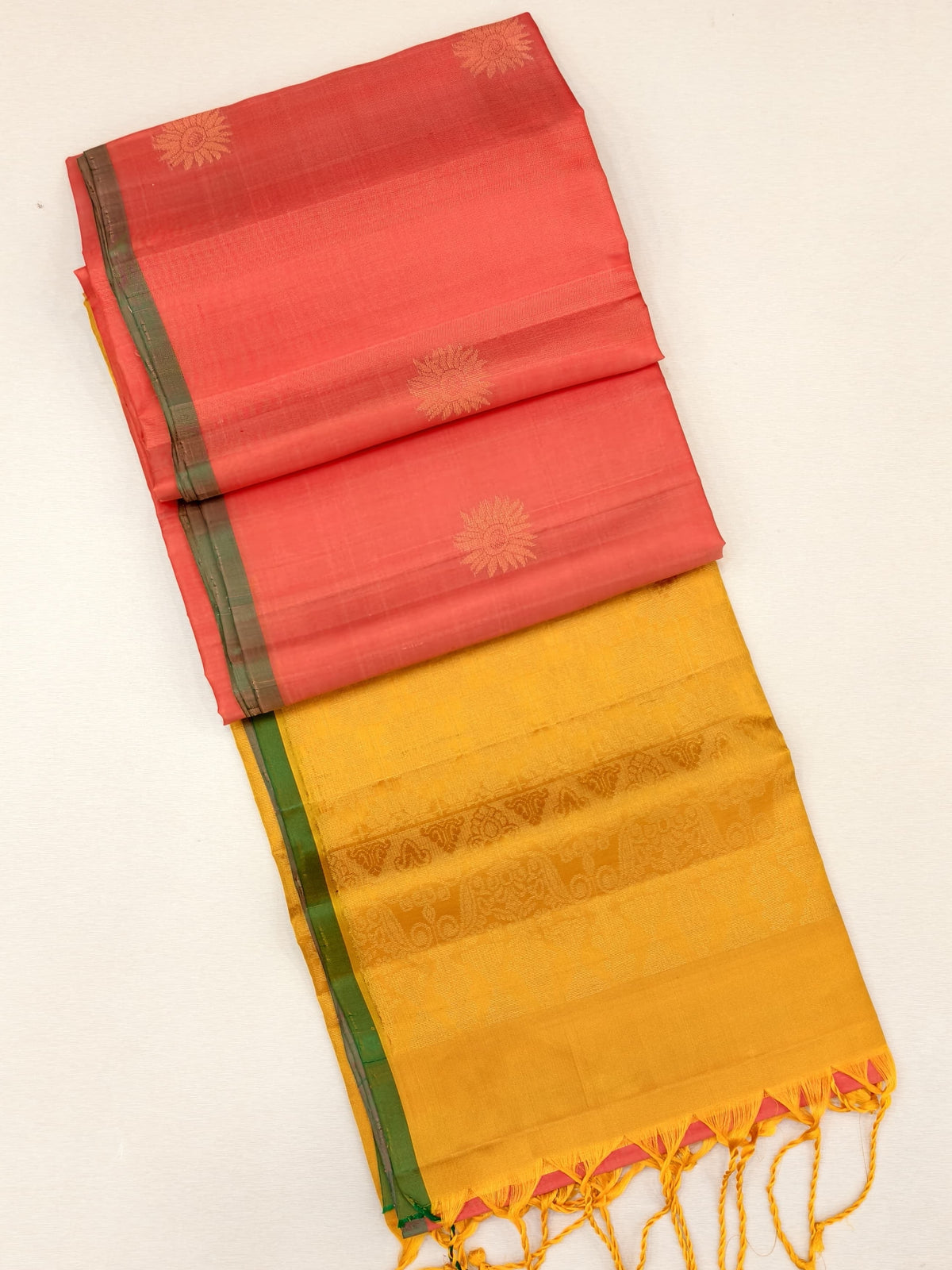 kanakambaram Soft Silk Saree with green border and yellow pallu