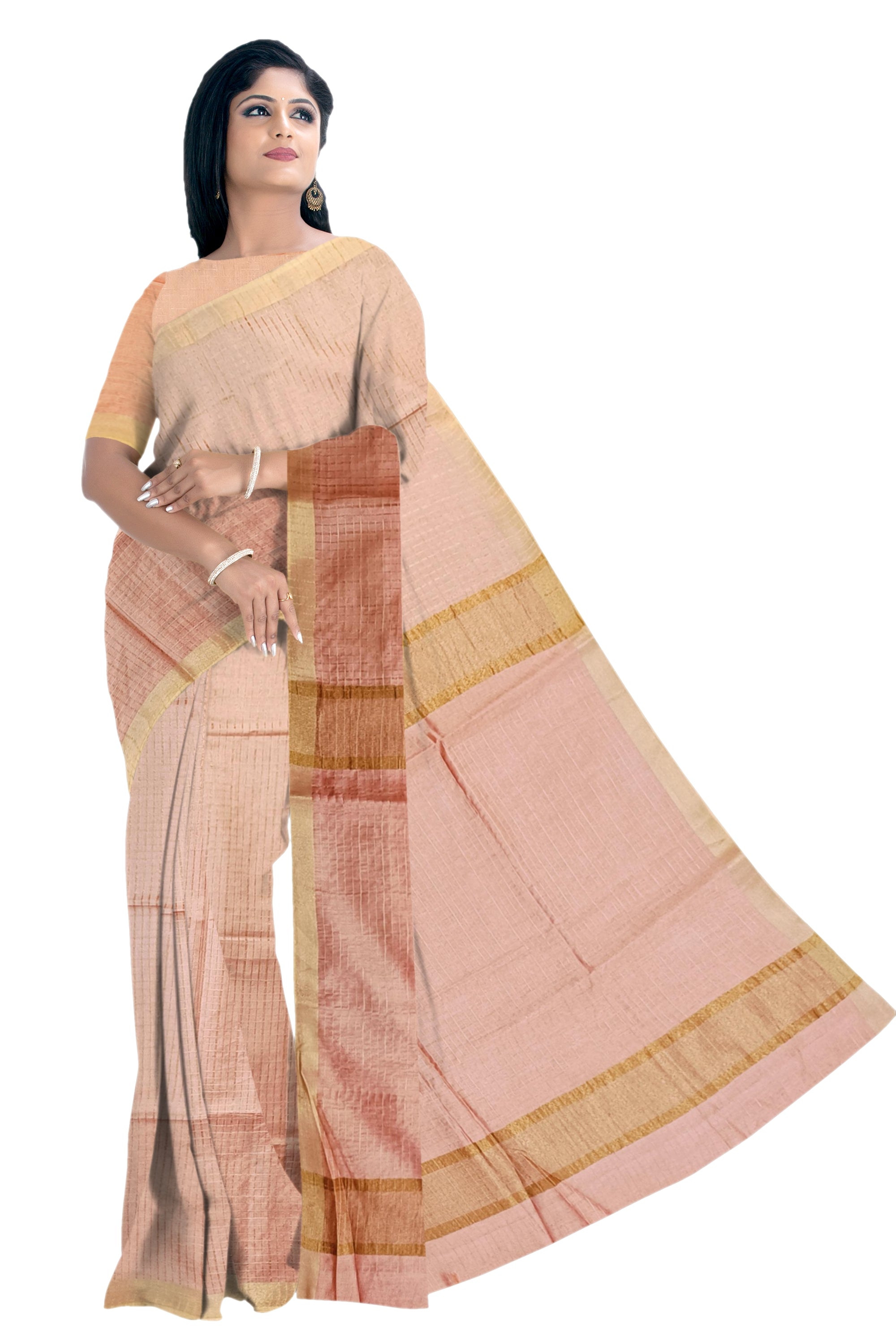 Light peach Kota Saree with Golden Border