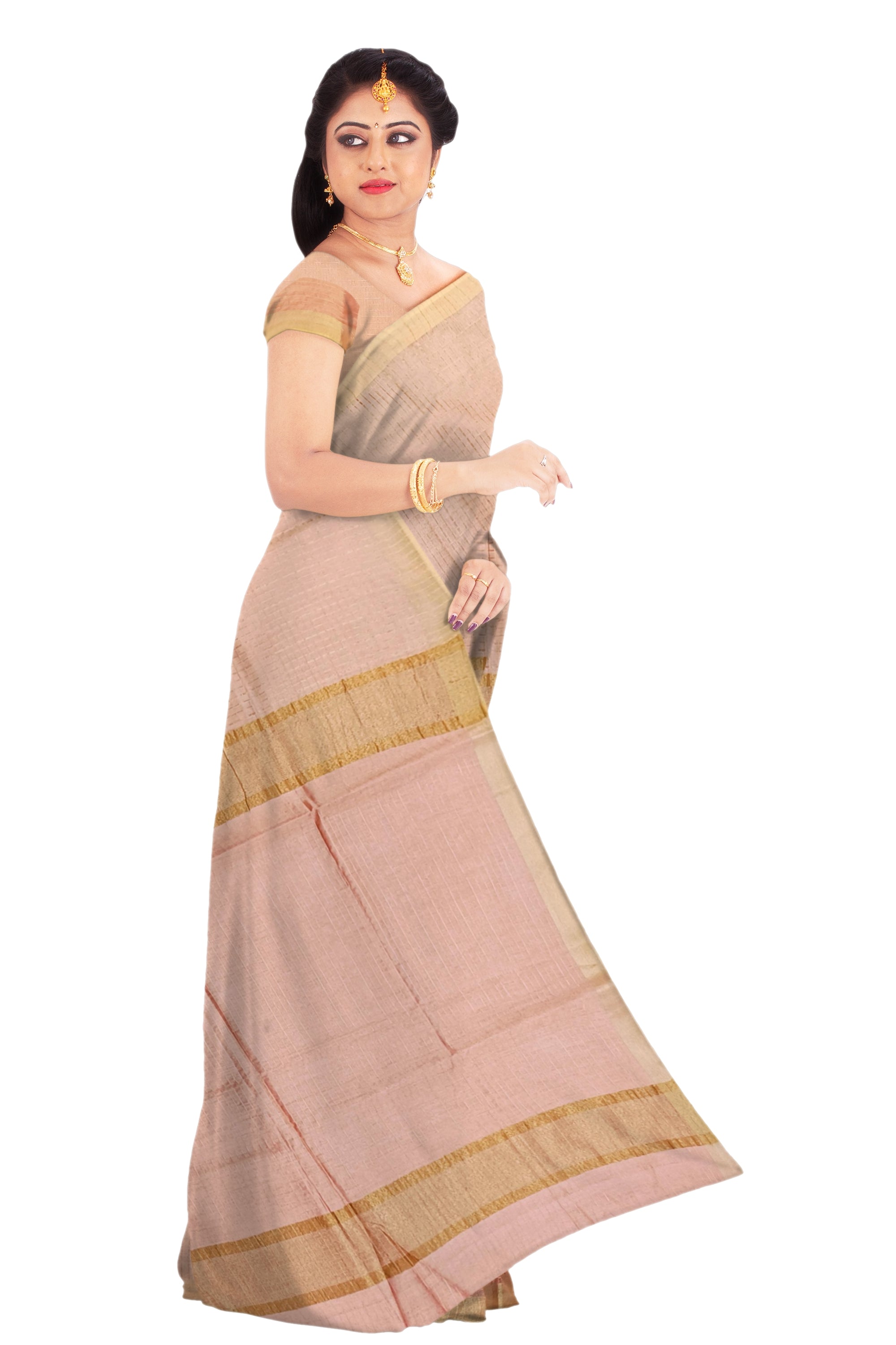 Light peach Kota Saree with Golden Border