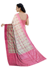 Light Beige Moonga Kantha Saree With Crimson Border and Floral Print