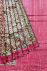 Light Beige Moonga Kantha Saree With Crimson Border and Floral Print