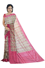 Light Beige Moonga Kantha Saree With Crimson Border and Floral Print