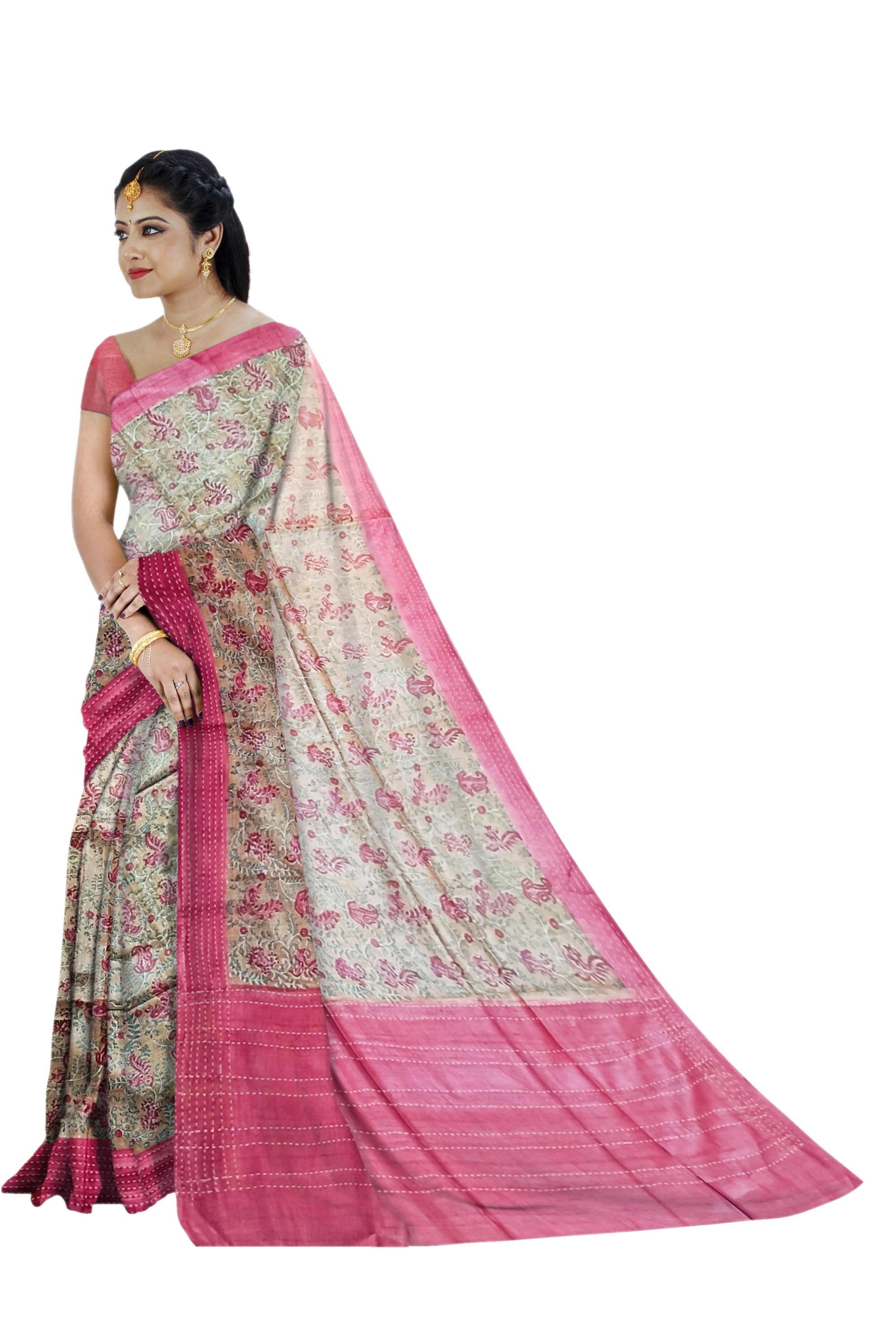 Light Beige Moonga Kantha Saree With Crimson Border and Floral Print