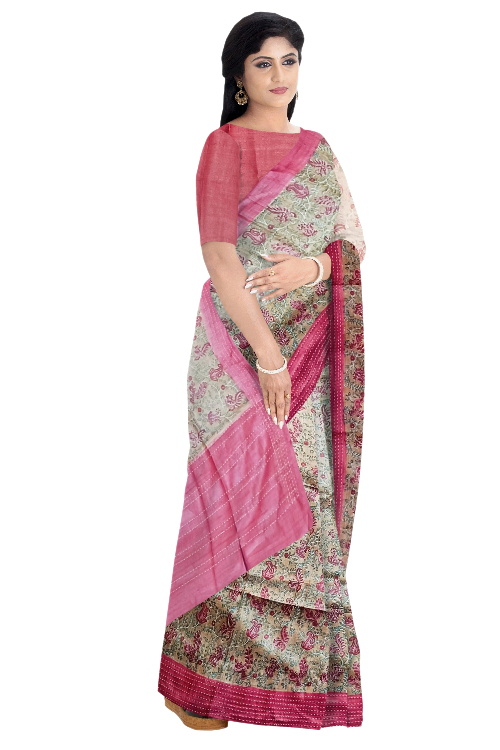 Light Beige Moonga Kantha Saree With Crimson Border and Floral Print