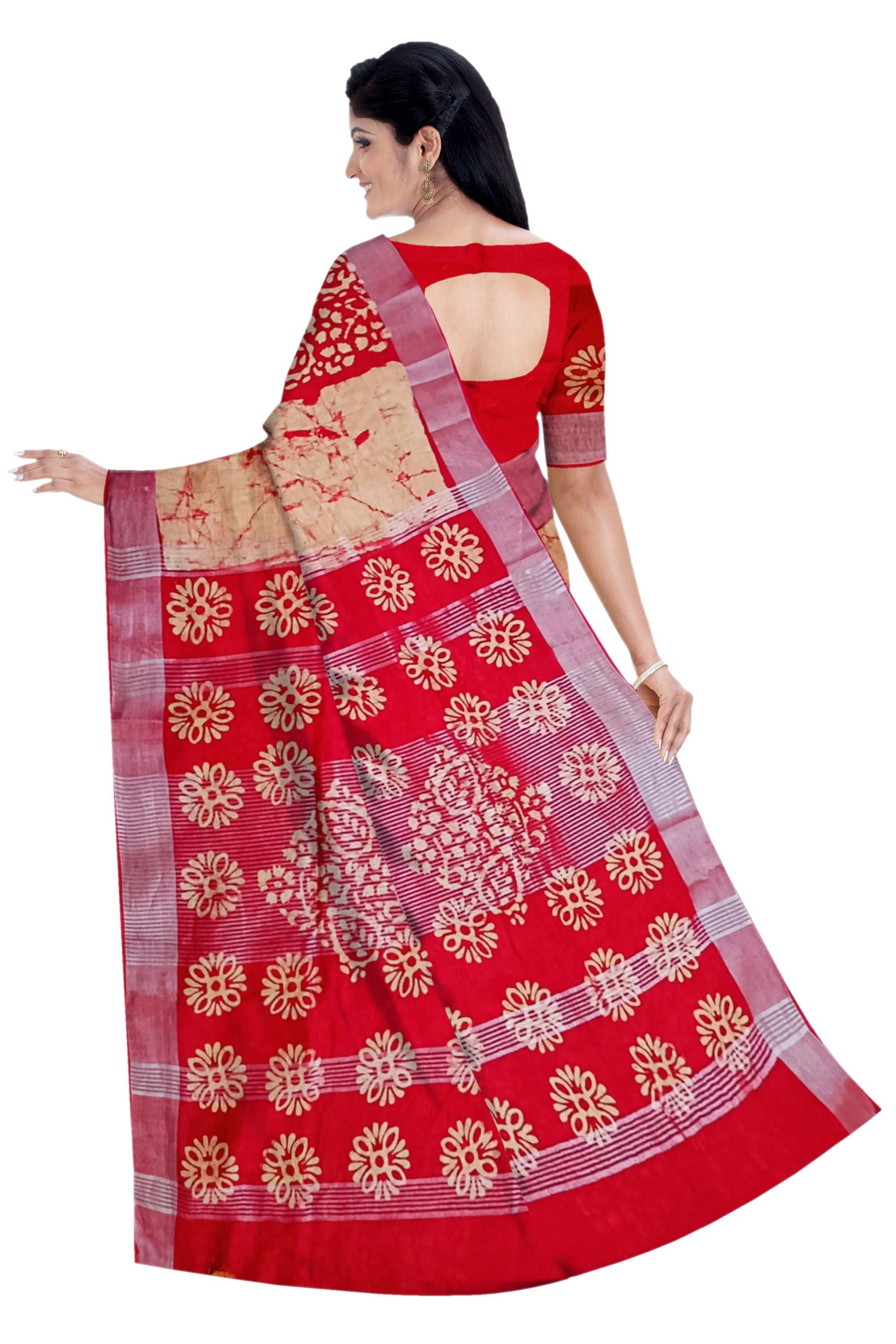 Sandalwood Linen Saree With Red Printed Design