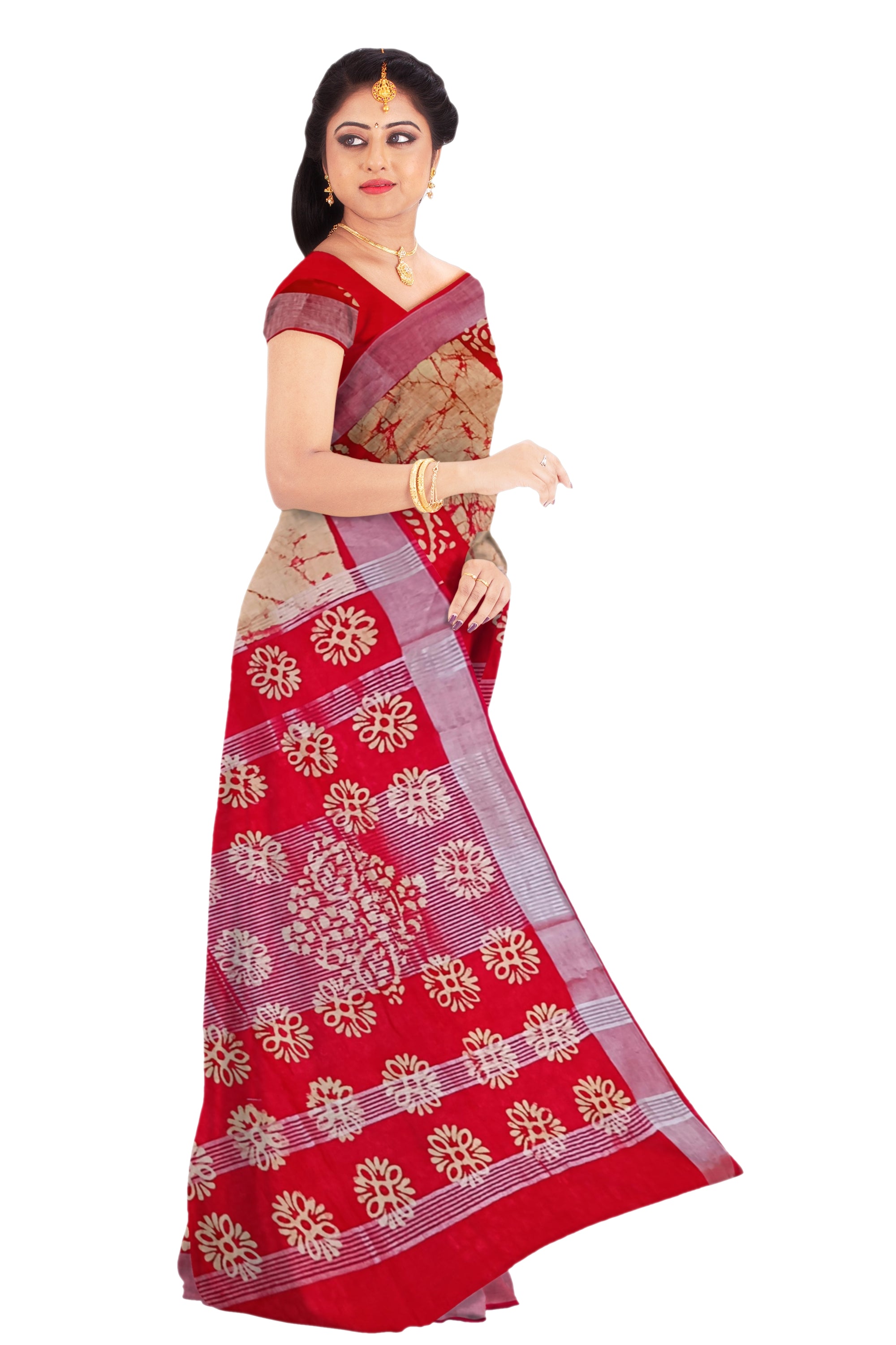Sandalwood Linen Saree With Red Printed Design