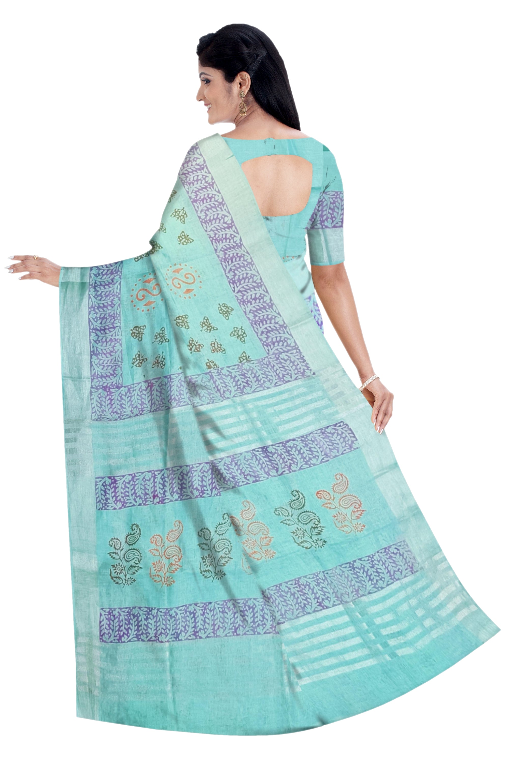 Sky Blue Linen Saree With Violet Printed Design