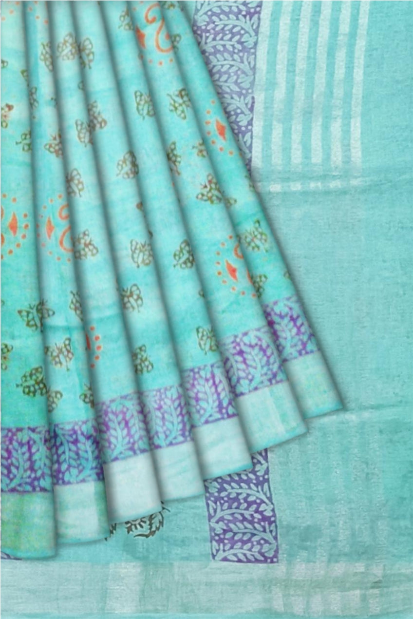 Sky Blue Linen Saree With Violet Printed Design