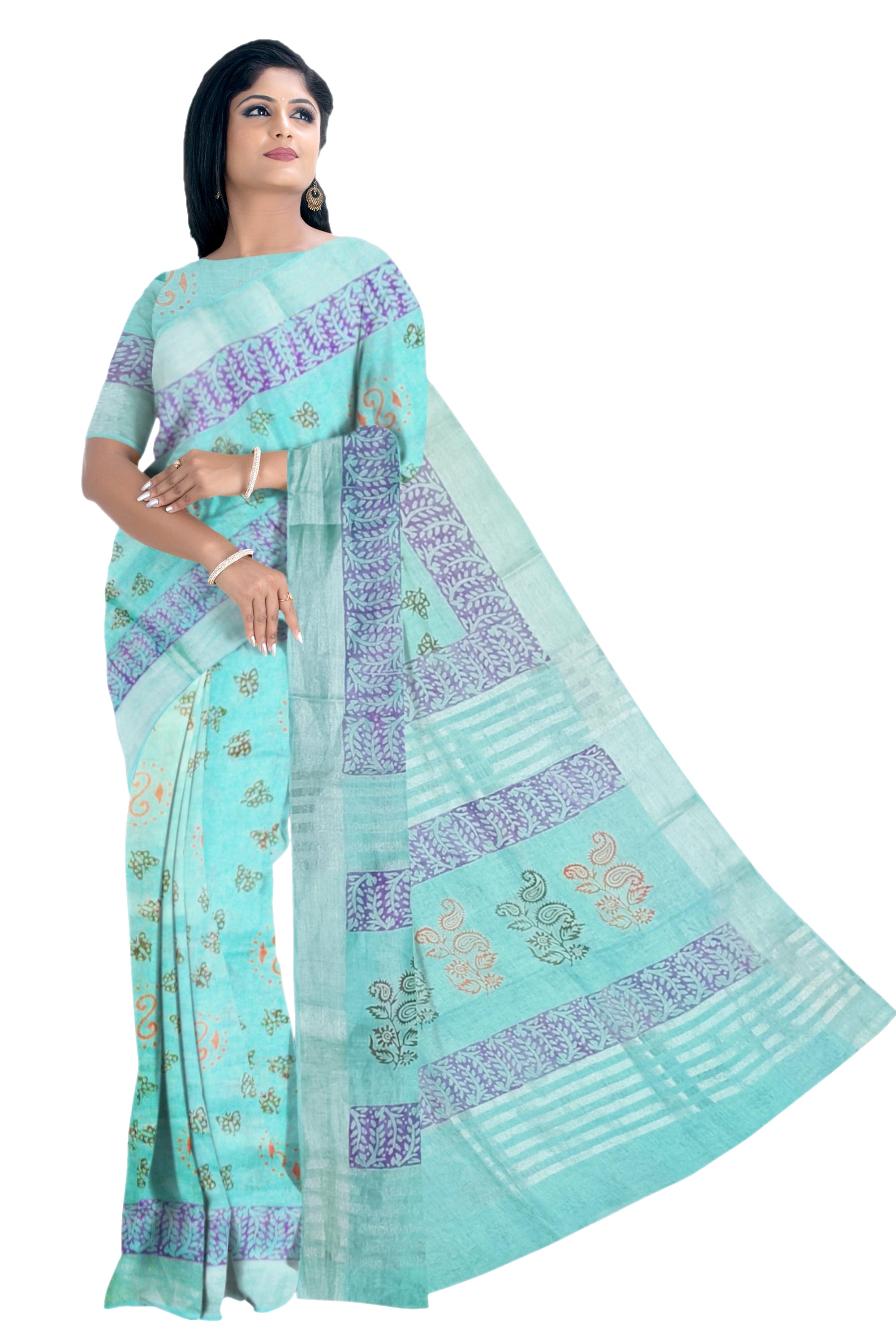 Sky Blue Linen Saree With Violet Printed Design