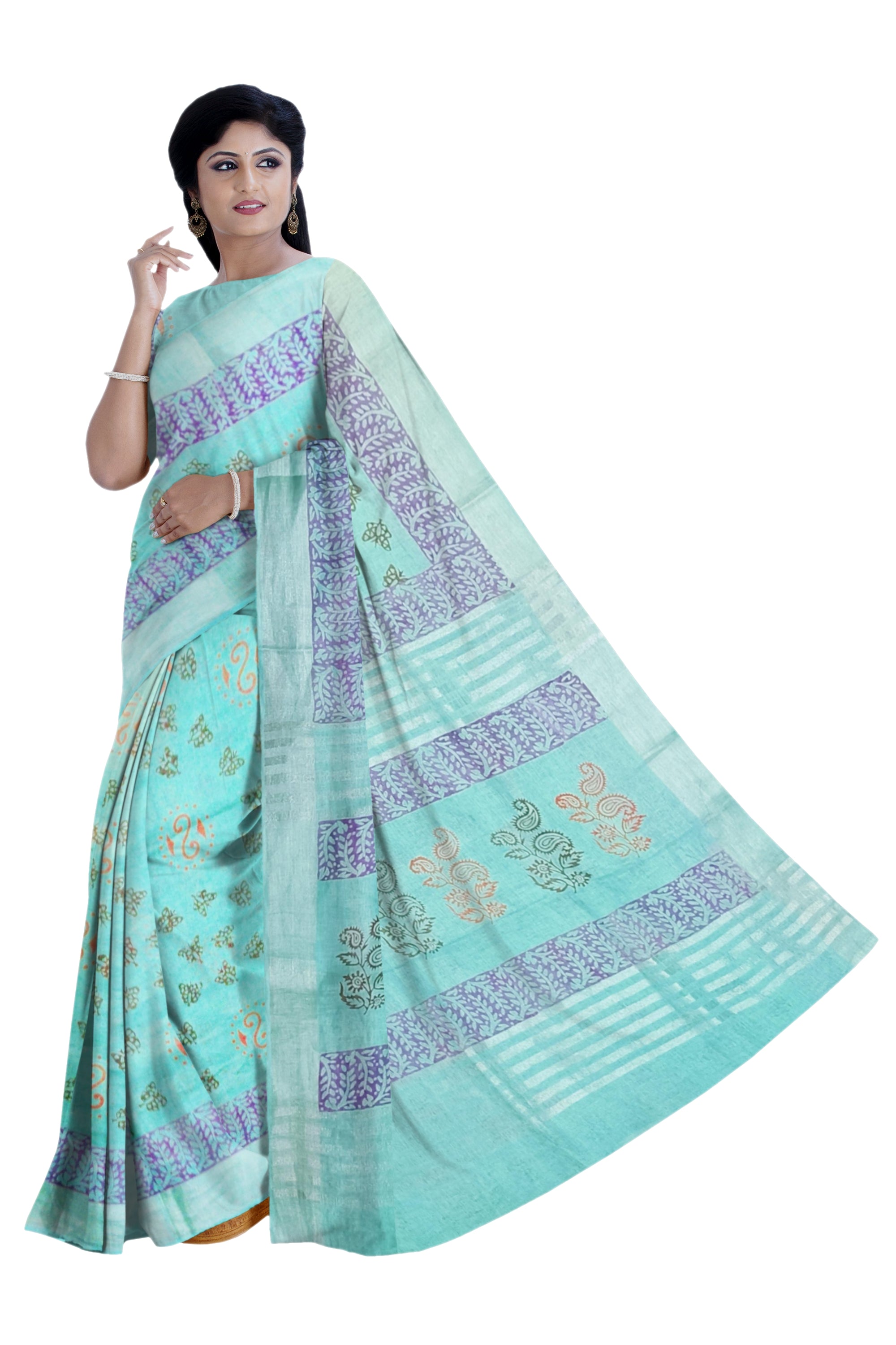 Sky Blue Linen Saree With Violet Printed Design