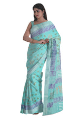 Sky Blue Linen Saree With Violet Printed Design