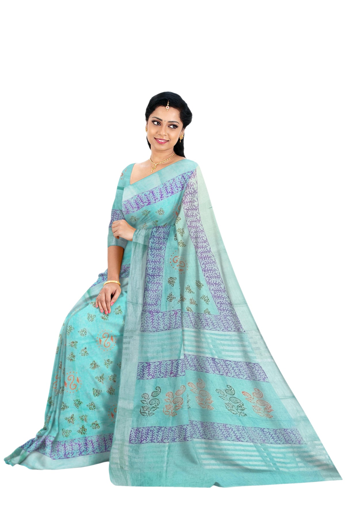 Sky Blue Linen Saree With Violet Printed Design