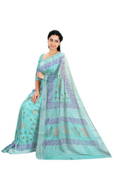 Sky Blue Linen Saree With Violet Printed Design