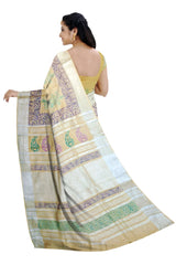 Cream Linen Saree With Multi-color Floral Print