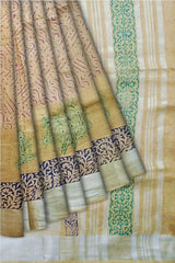 Cream Linen Saree With Multi-color Floral Print